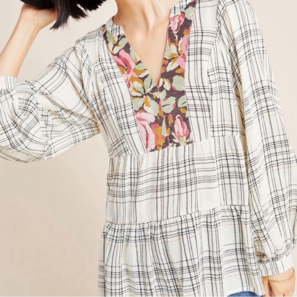 Anthropologie Darlene Plaid Tiered Long Sleeve Top |R6